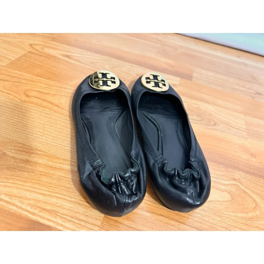Tory Burch Womens Reva Comfort Ballet Flats Size 6.5 Black Leather Logo Designer